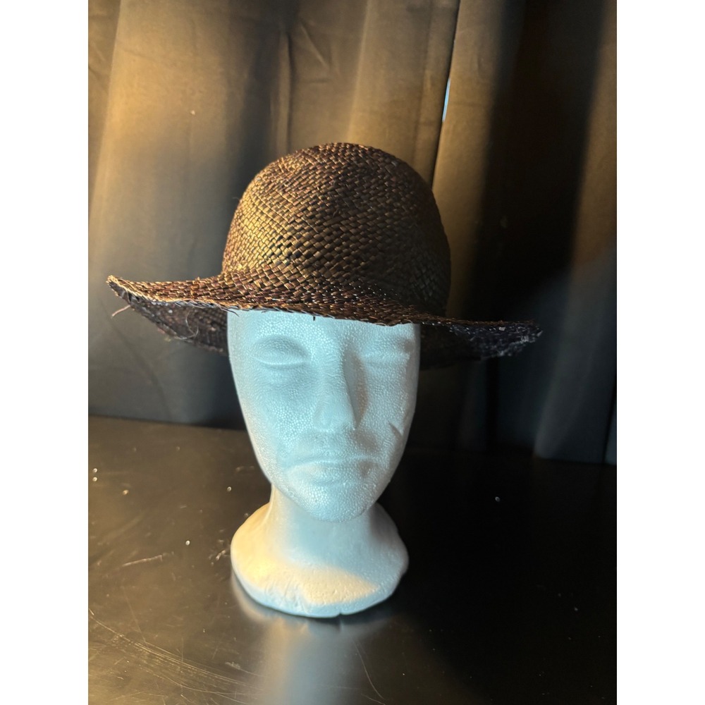 Black paper  Woven Straw Sun Hat Round Crown Summer Beach Wide Brim Fedora Style